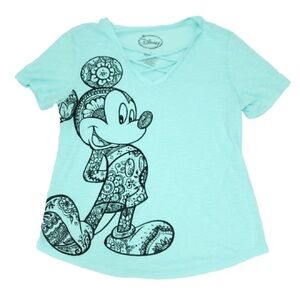 Disney Mickey Mouse Shirt Blouse Womens Large 11-13 Aqua Blue Lightweight V-neck